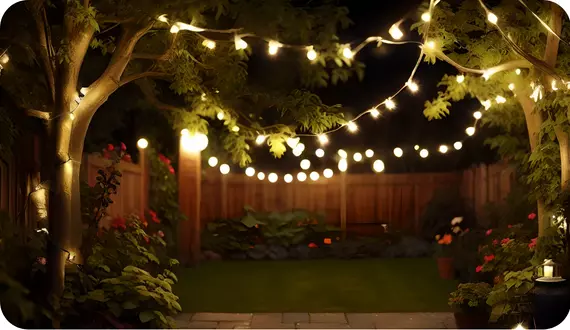 girlandy świetlne nocą w ogrodzie